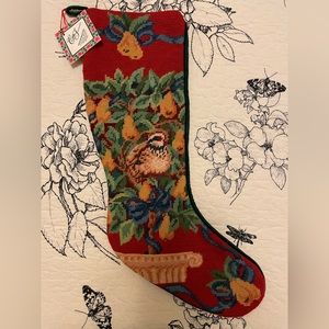 Vintage Partridge in Pear Tree Christmas Handmade Needlepoint Stocking 22in NWT